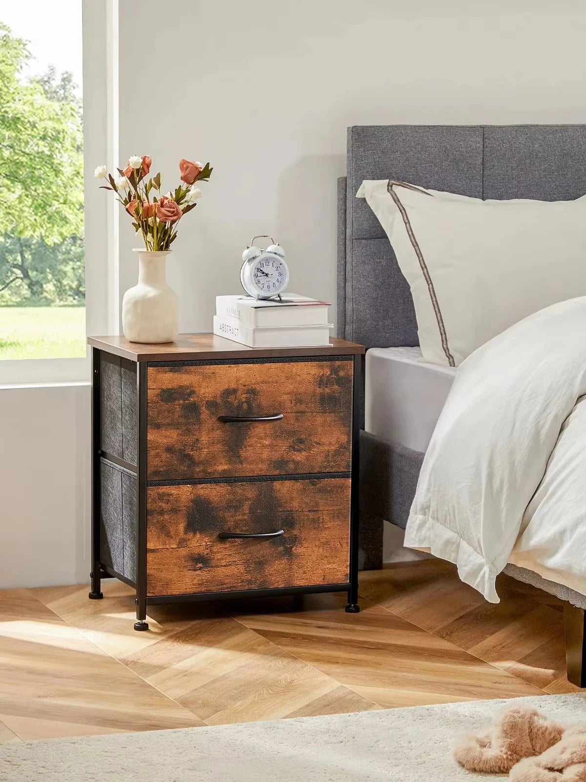JHK Nightstand with 2 Fabric Drawers – Bedroom Storage & Side Table